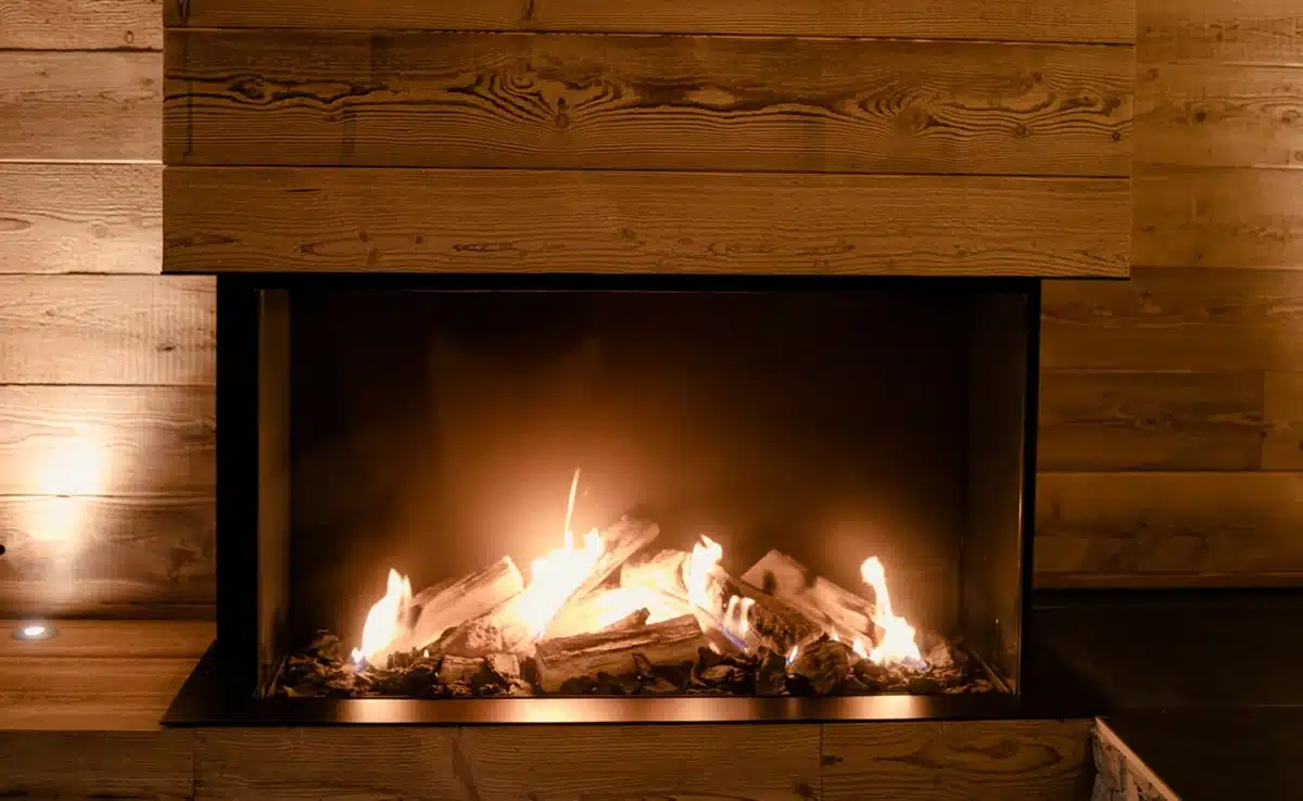Cheminée allumée dans l’ambiance boisée de la suite La Chaleureuse